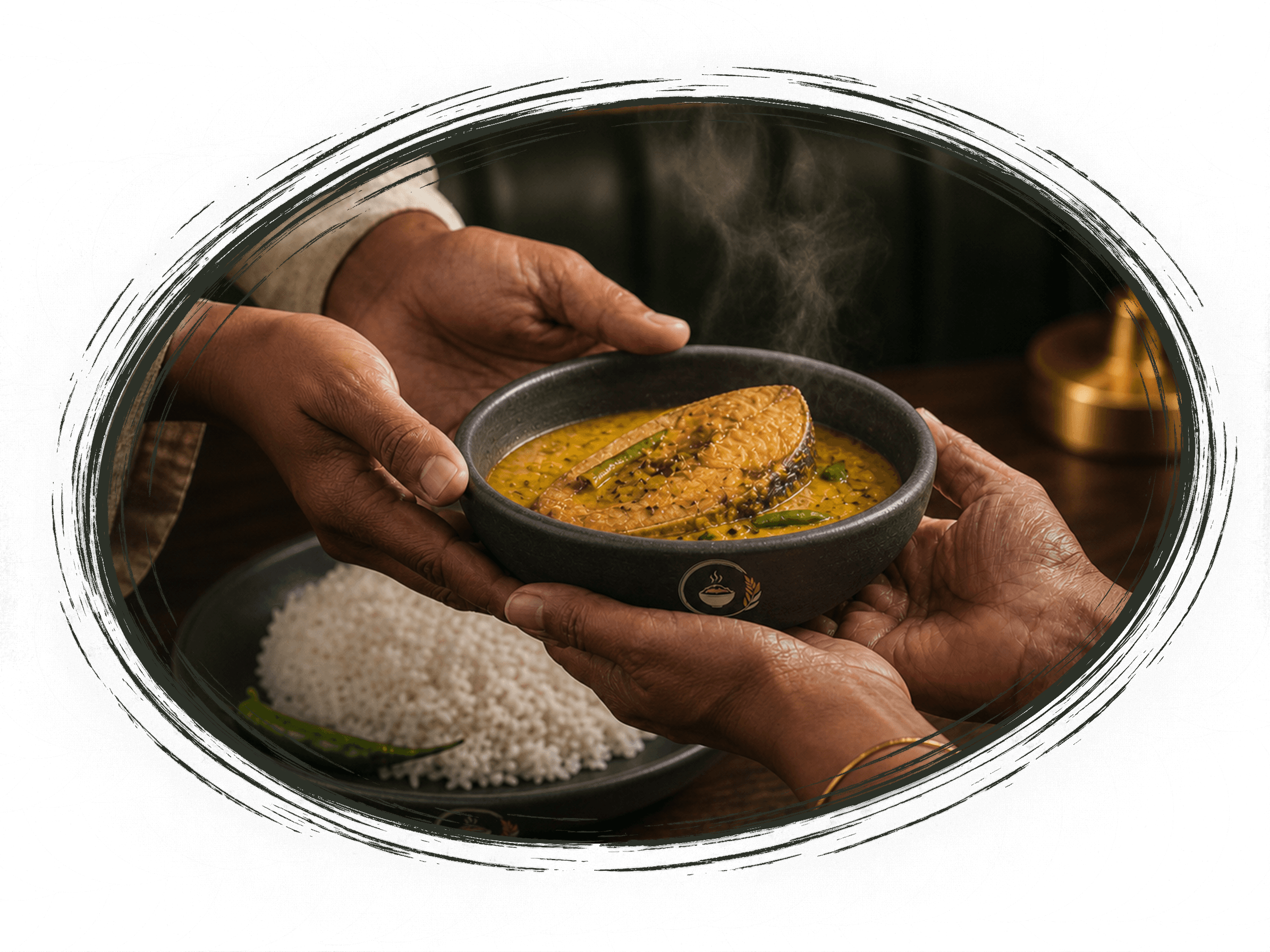 A steaming rui fish curry served with rice at a Bangladeshi table