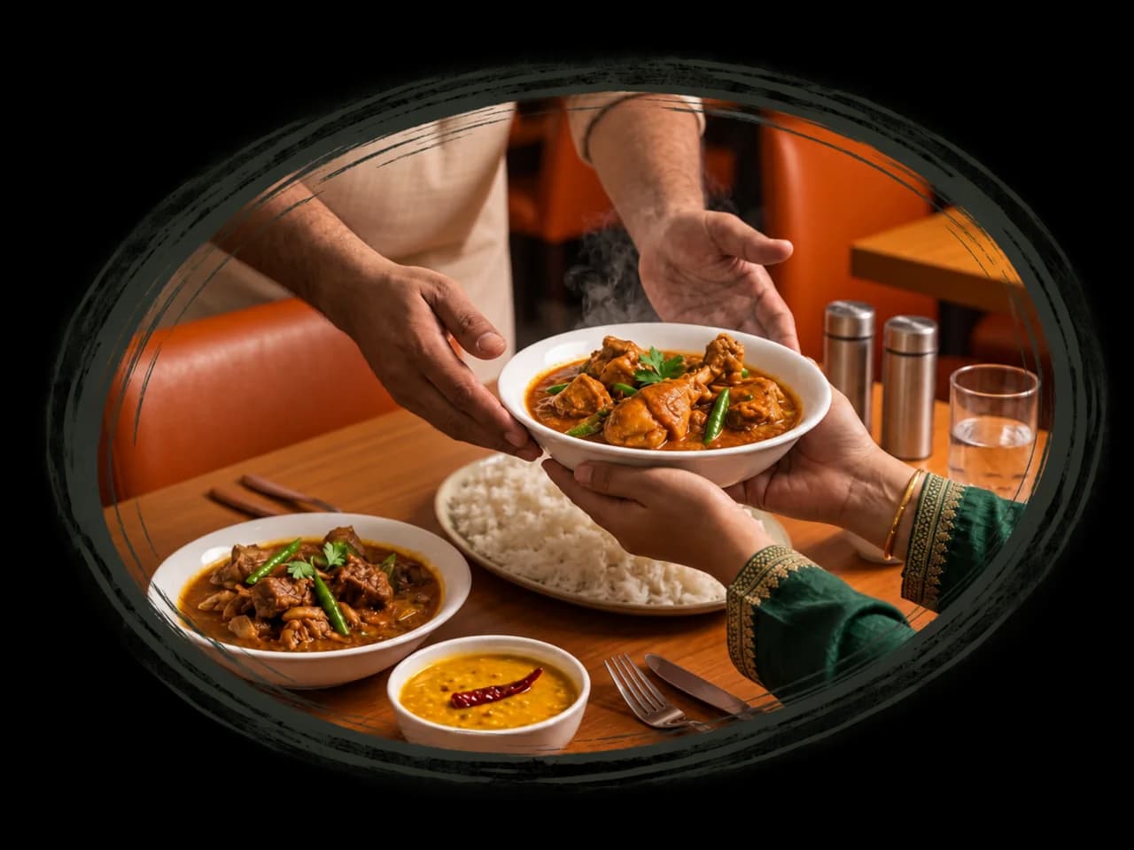 A warm Bangladeshi meal being served at the table