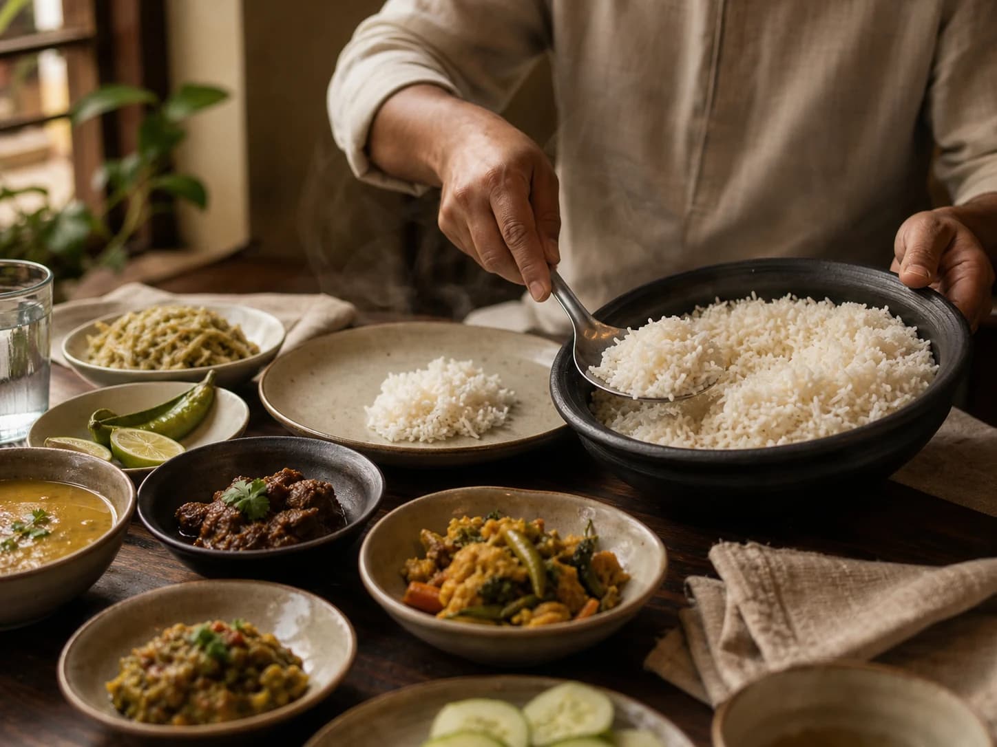 Rice being served with care at a Bangladeshi table